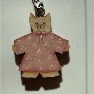 Hand painted Wooden Cat Keychain / back pack/purse charm accessory in pink dress
